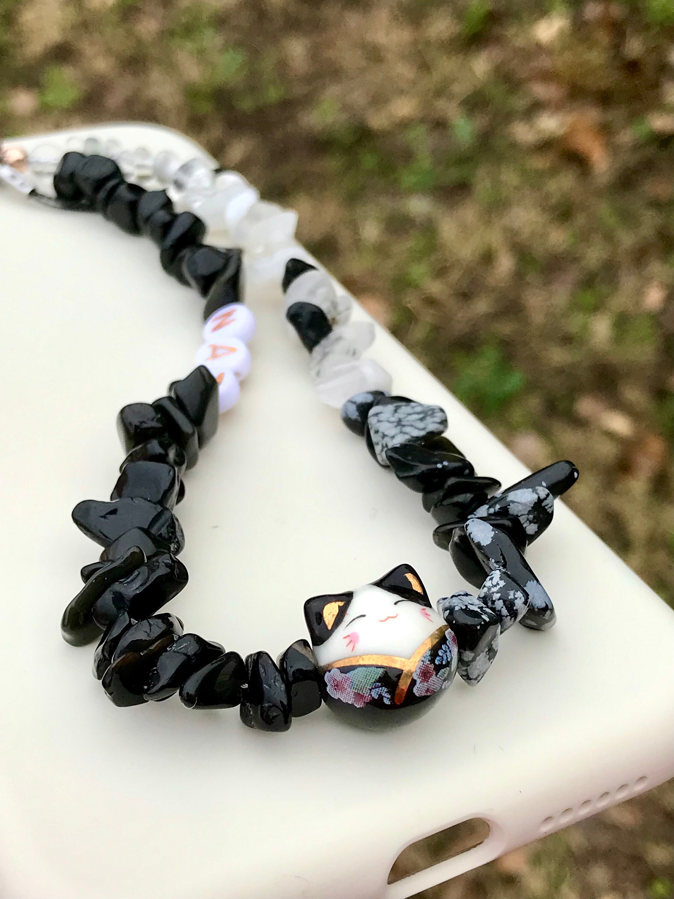 Kawaii Cat Phone Strap: Y2K Beaded Charm, Custom Initial - Etsy Norway