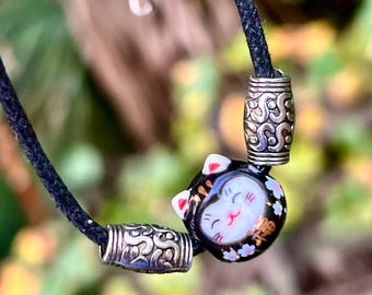 Black Maneki Neko Necklace, Porcelain Lucky Cat Choker, Cherry Blossom Charm