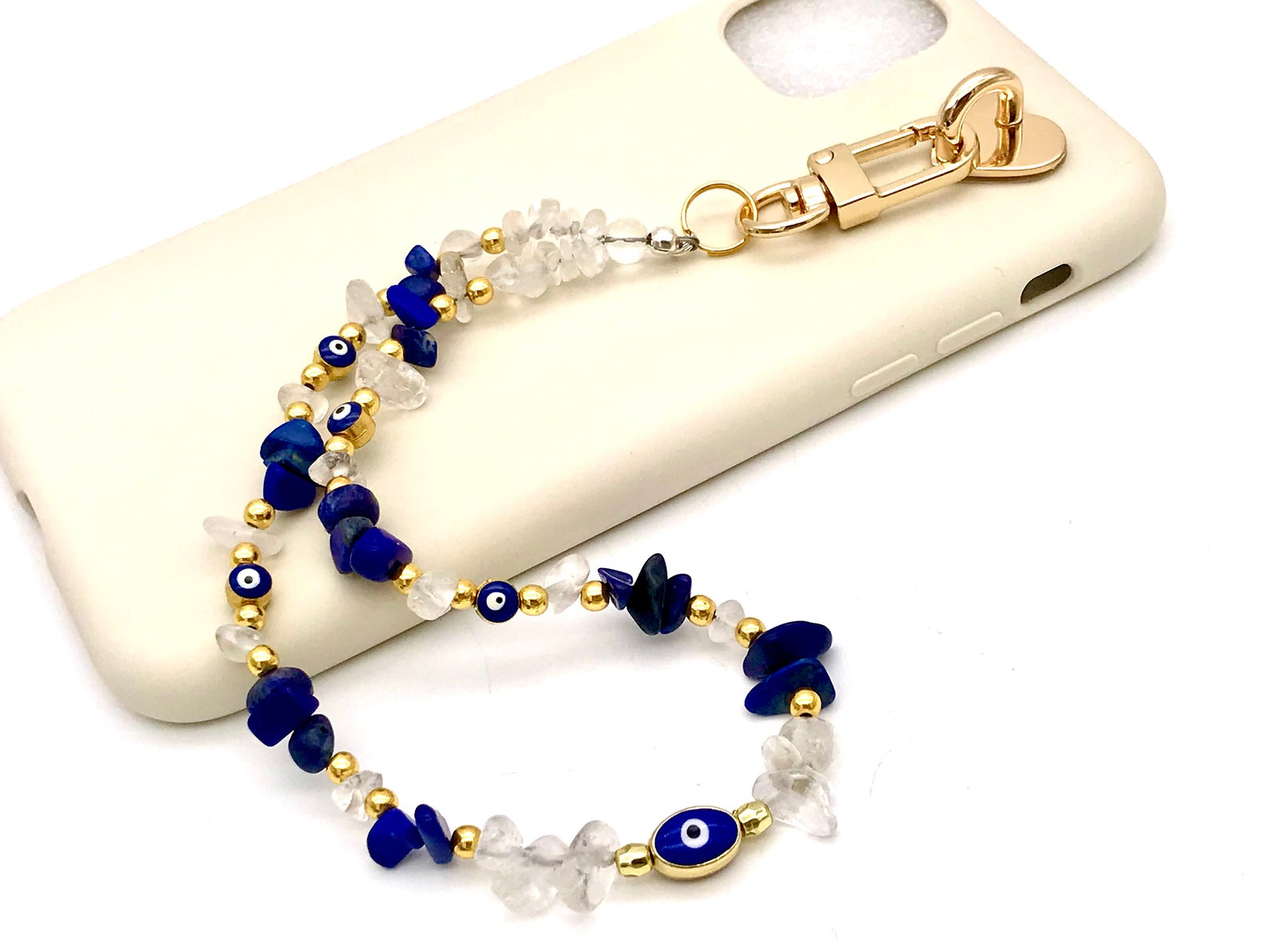 Evil Eye Aquamarine Phone Charm | Mystic Quartz Gemstone Beaded Wristlet