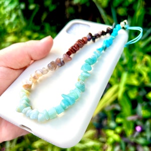 Aquamarine Phone Strap, Turquoise Crystal Phone Charm, Gemstone Phone Strap, Healing Crystals Beaded Phone Chain, Mahogany Obsidian Wristlet