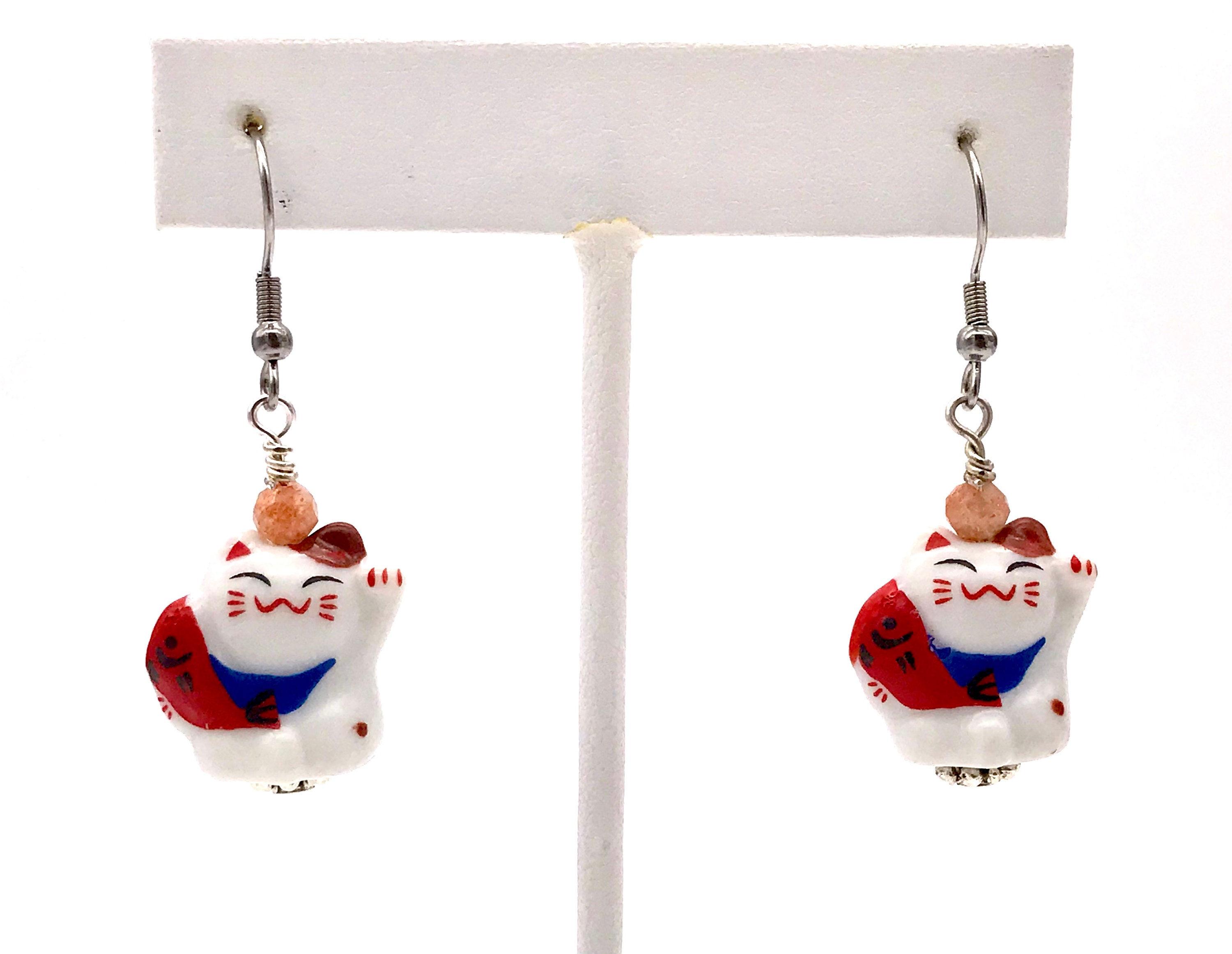 Kawaii cat earrings maneki neko gemstone dangle earrings cute Etsy