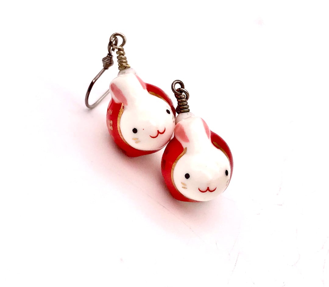 Rabbit Earring Kawaii Porcelain Bunny Earrings: Red Moon Rabbit Dangles - Etsy
