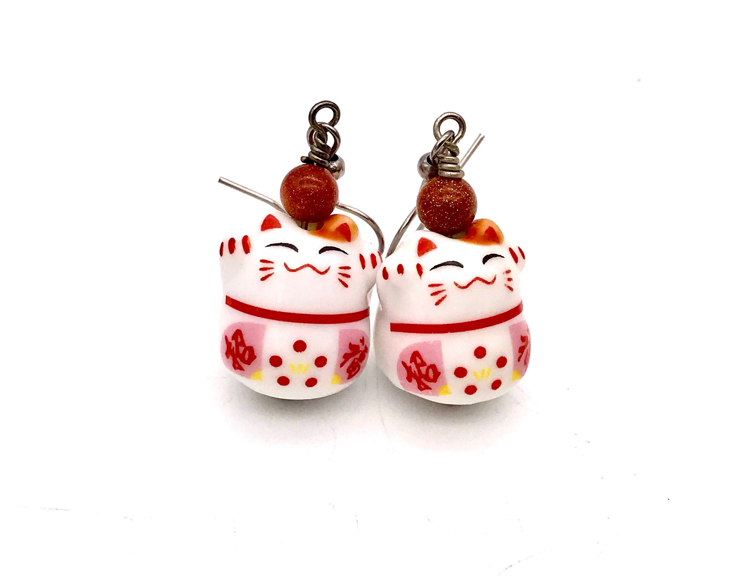 kawaii cat earrings pink maneki neko porcelain dangle earrings lucky cat ceramic earrings anime cat earrings kimono cat anime earrings