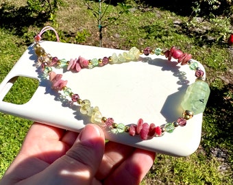 Crystal Phone Charm, Prehnite Rhodochrosite Gemstone Strap