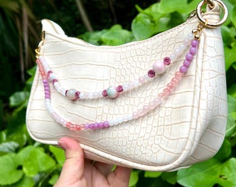 Rose Quartz Bag Charm | Beaded Purse Accessory | Healing Crystal Tote Charm | Pink Purple Bead Bag Jewelry | Gradient Gemstone Purse Chain