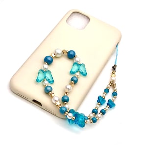 pearl butterfly phone strap blue Y2K phone strap customizabl phone chain phone charm blue phone charmstrap beaded phone strap phone string