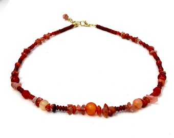 Beaded Carnelian Necklace, Red Agate Gemstone Choker - 21 Inch