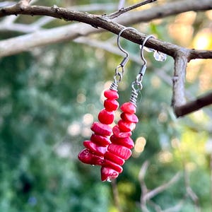 May include: A pair of red coral earrings with silver-colored hooks and wire detailing. The earrings are made of small, irregularly shaped coral pieces strung together. The background is a blurred view of green foliage and a brown branch.