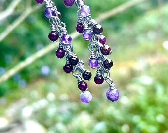 Amethyst Dangle Earrings, Crystal & Garnet Beaded Cluster