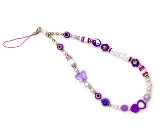 purple phone strap custom phone chain beaded phone string kawaii phone charmstrap smiley phone string evil eye dao cute Y2K phone charm