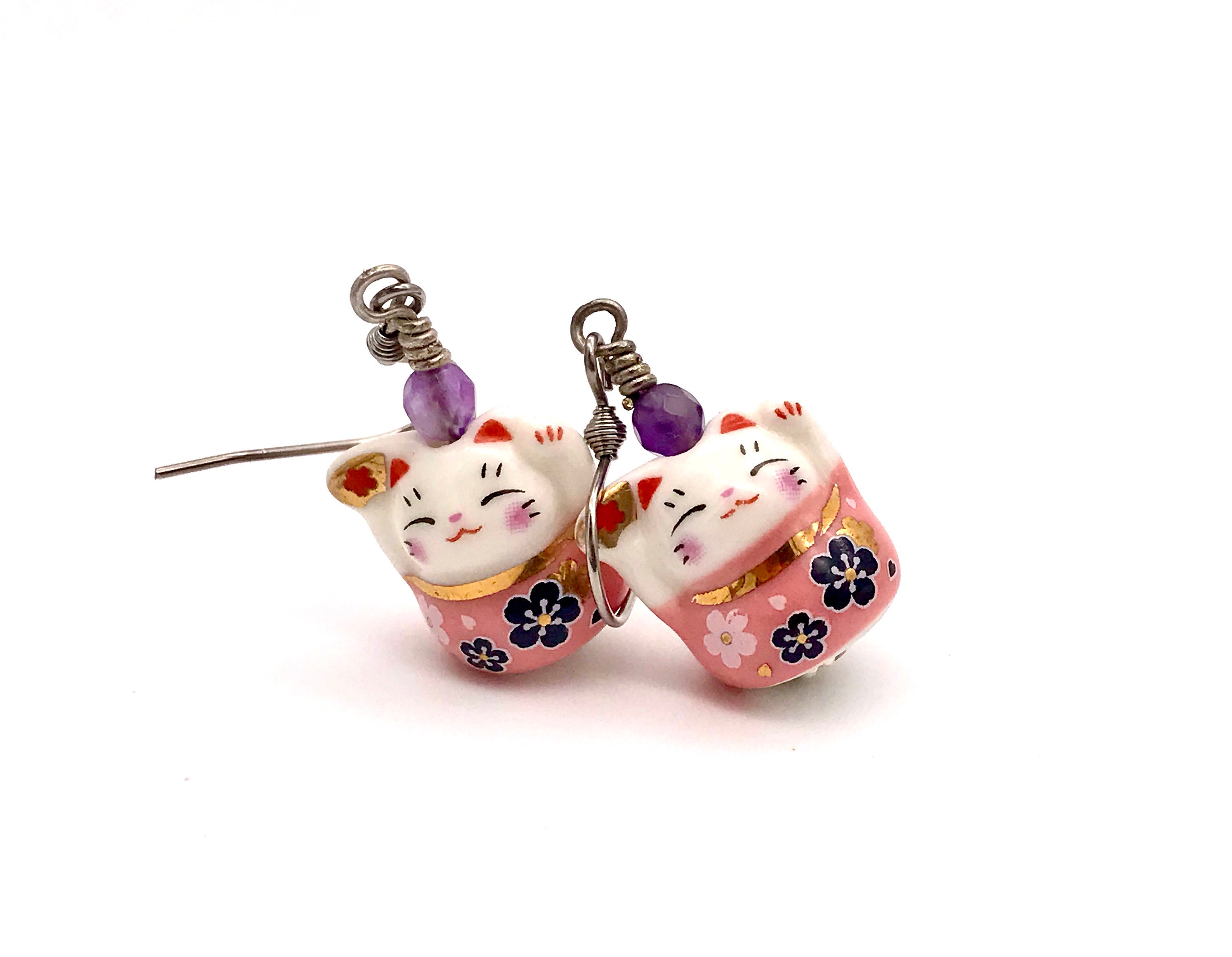 kawaii cat earrings pink maneki neko porcelain dangle earrings lucky cat ceramic earrings anime cat earrings kimono cat anime earrings