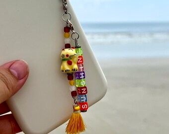 Yellow Maneki Neko Lucky Cat Phone Charm | Customizable Keychain Carnelian, Moonstone & Yellow Jade Beads | Cat Charm Personalized Letters
