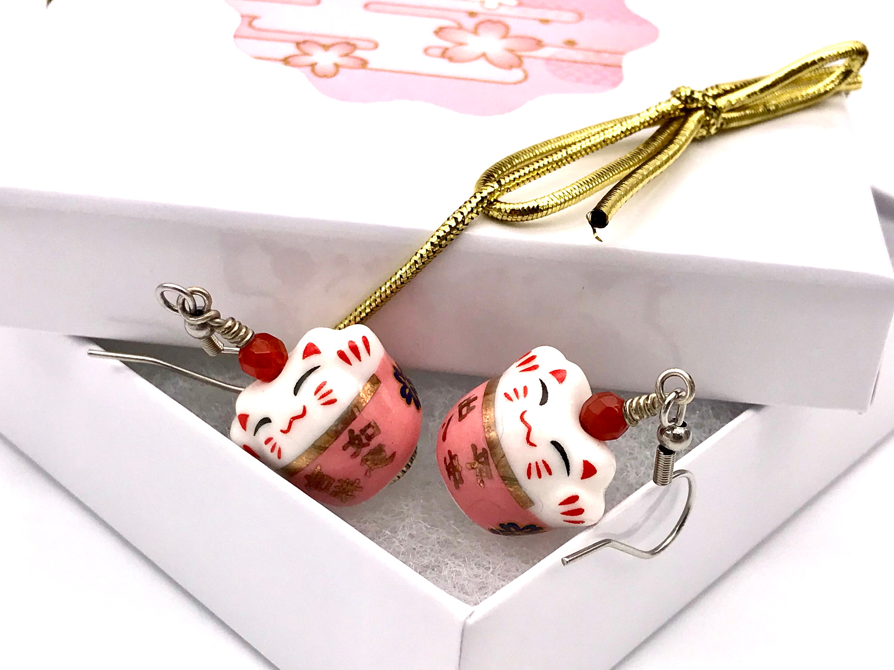 Kawaii Cat Earrings Maneki Neko Dangle Earrings Pink Lucky Cat Etsy UK