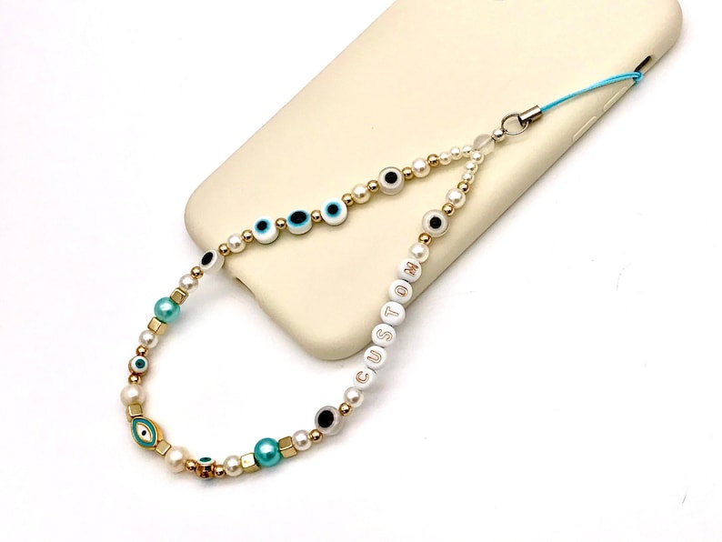 evil eye phone chain Y2K trending phone strap custom phone strap aquamarine beaded phone chain protection charmstrap custom phone string image 1