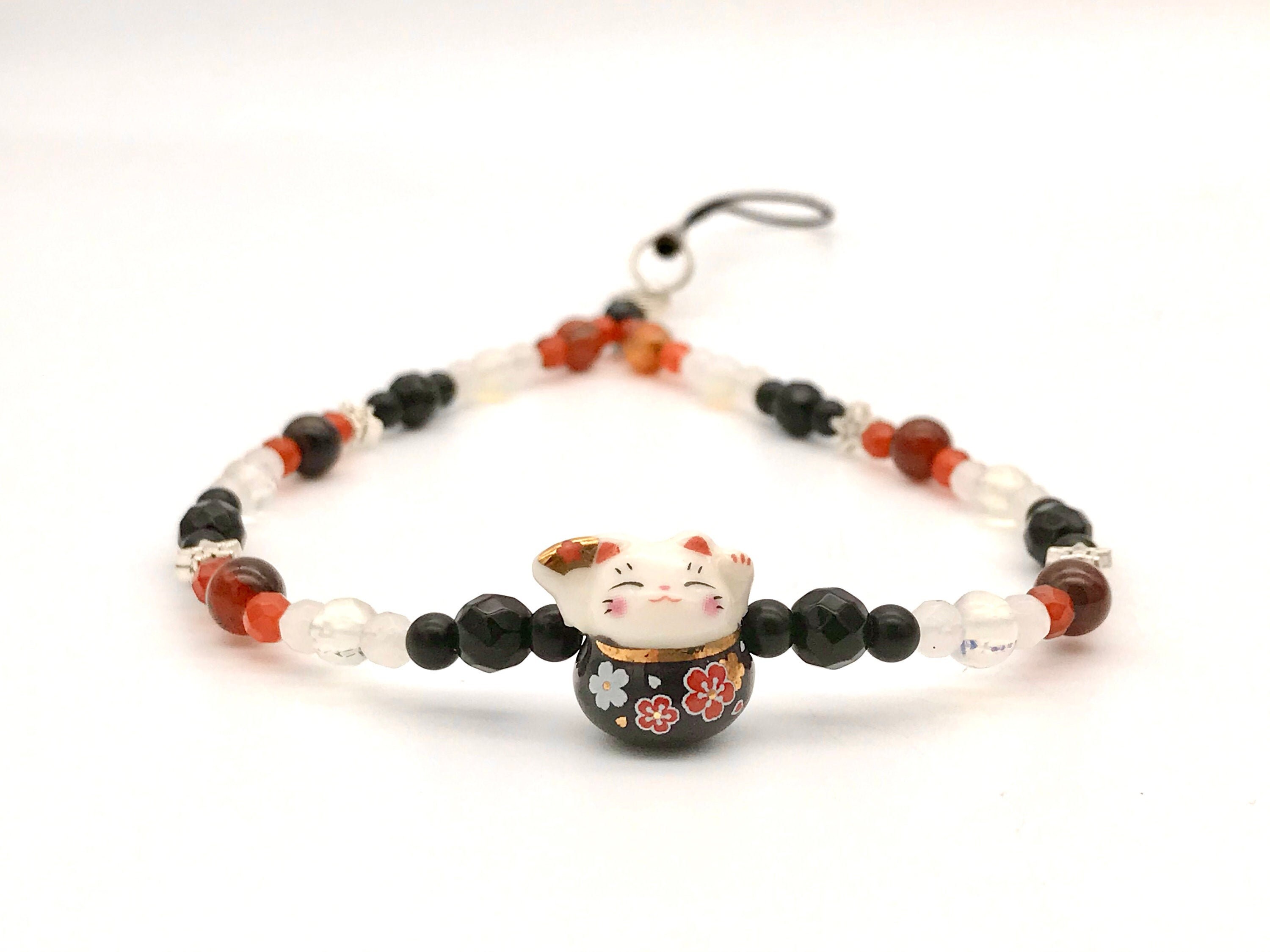 Gemstone Phone Strap Black Maneki Neko Lucky Cat Phone Strap