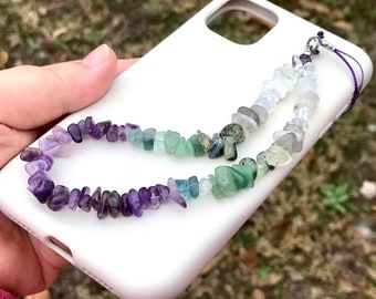 Amethyst Gradient Phone Wristlet, Ombre Chakra Crystal Strap, Natural Gemstone Beaded Keychain, Custom Name Option | Yoga & Mindfulness Gift