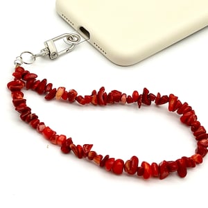 Amuleto de coral rojo para teléfono, amuleto para funda de teléfono de color rojo, cristales curativos, correa para teléfono con cuentas de piedras preciosas, cadena para teléfono con cuentas Y2K, pulsera roja