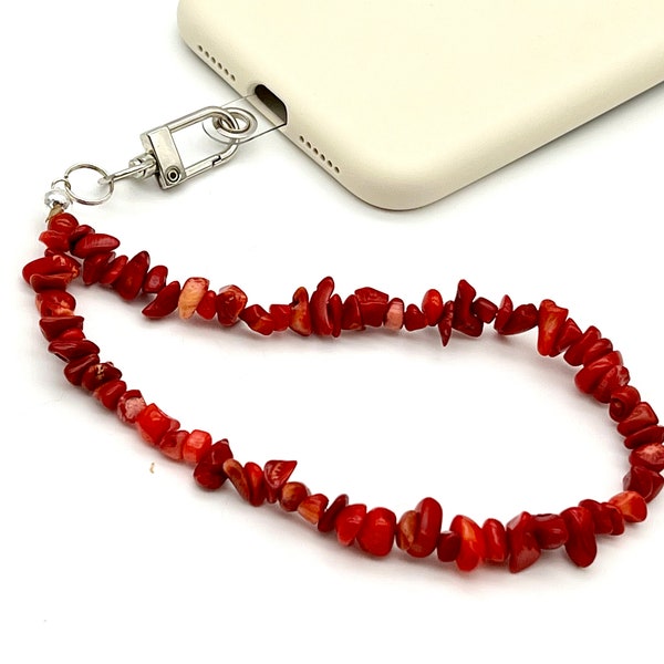 red coral phone charm red color phone case charm healing crystals phone strap beaded phone gemstone strap Y2K bead phone chain red wristlet