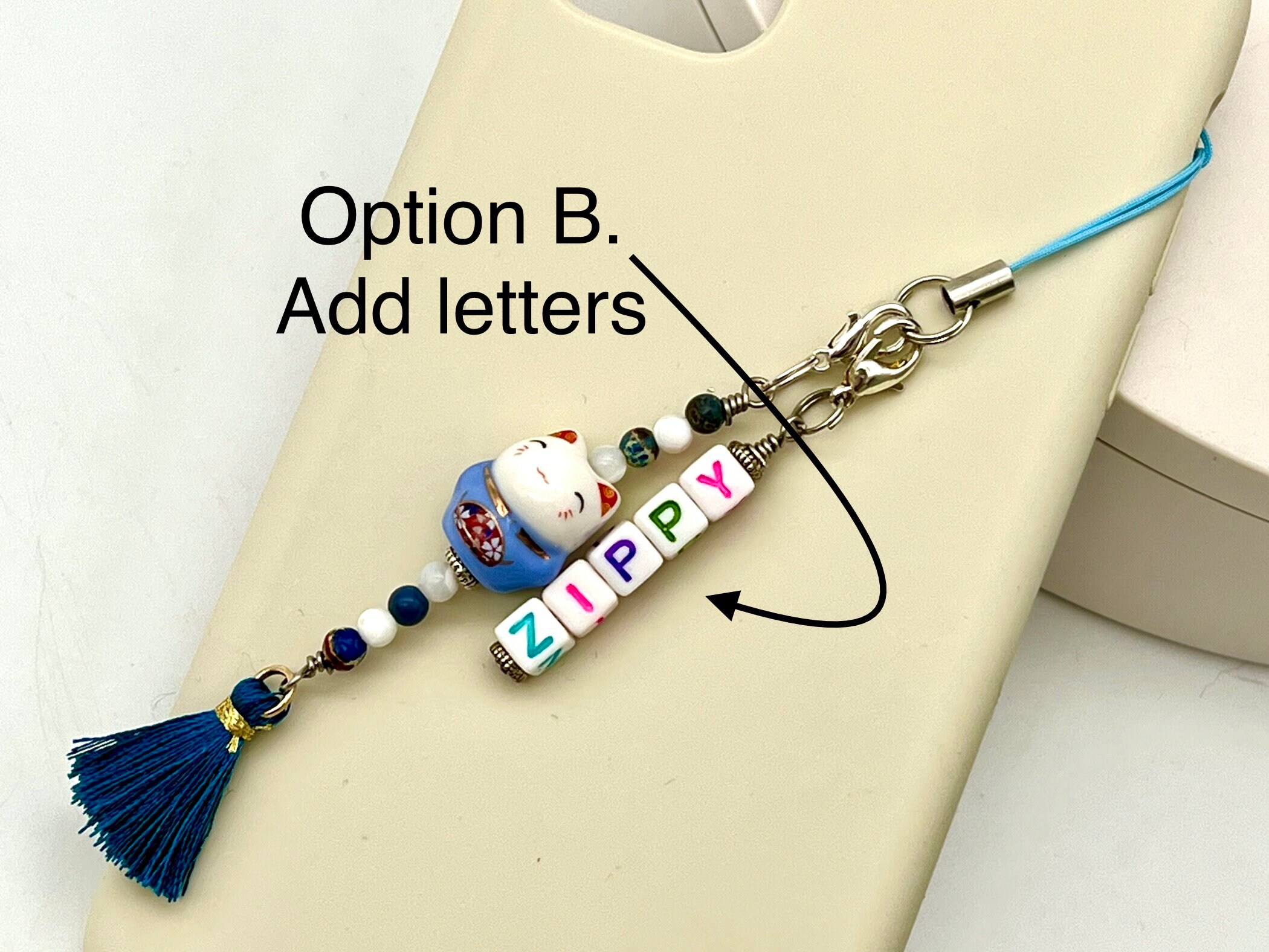 Blue Lucky Cat Charm Custom Name Charm Kawaii Cat Gemstone