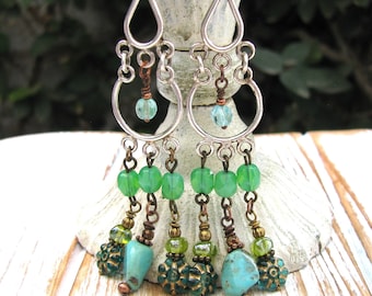 Silver Blue Turquoise Gemstone Chandelier Earrings, Sterling Silver Earwires, Boho Chic