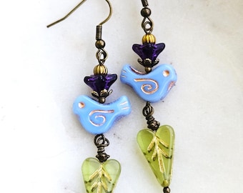 Blue Bird Czech Bohemia Glass Earrings, Flower Heart Drops Dangle, Boho, Antique Brass, Bird Lover, Nature Lover, Gift For Her