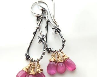 Pink Sapphire Sterling Silver Earrings, 14k Gold Filled, Boho