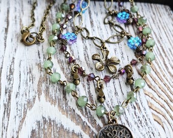 Boho Multi Strand Beaded Chain Necklace, Charms, Czech Glass, Multi Layer Bohemian, Gift For Her