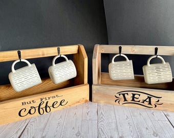 Coffee & Tea Mug Holder | Rustic Farmhouse Kitchen Decor | Wooden Drink Station Organizer