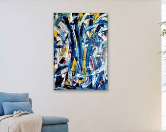 Original Modern Abstract Acrylic Painting on canvas - “Blue Splendor” (Size: 30” x 40” x 3/4”) - by Joaquina Sunshine Art