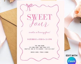 Sweet Four Birthday Invitation Editable Canva Template Pink Bow Girl Party Invite Digital Download