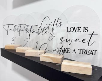 Arched Acrylic Wedding Signs with Wooden Stand Gifts & Cards, Love is Sweet, Table Numbers, Custom Party Signage