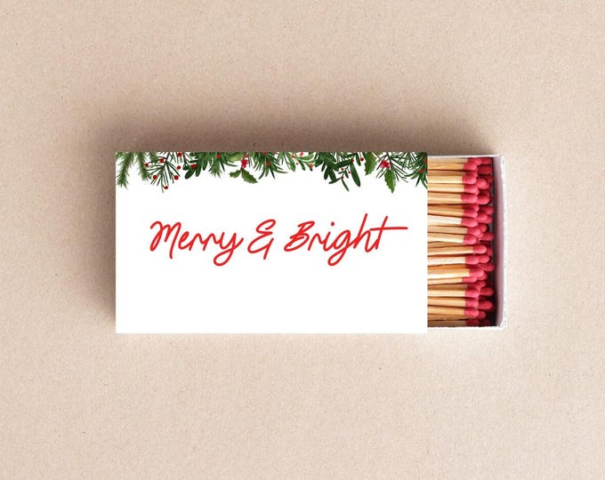 Featured listing image: Custom Merry & Bright Christmas Matchboxes Personalized Holiday Party Favors Festive Match Box Decor Holiday Candle Matches