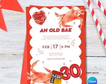 An Old Bae Invite – Editable Digital Download Crab Boil 30th Birthday Party Invitation Old Bay Birthday Invite Canva Template