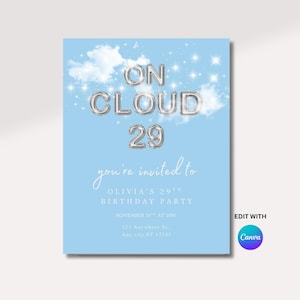Puede incluir: Invitación de cumpleaños azul claro con el texto "ON CLOUD 29". La invitación incluye el texto "you're invited to OLIVIA'S 29TH BIRTHDAY PARTY" y detalles del evento. El diseño presenta nubes y estrellas.