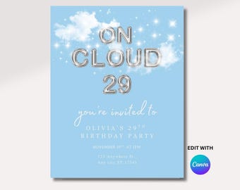 On Cloud 29 Digital Download Invitation Editable Canva Template 29th Birthday Invite Cloud Theme Party Printable Birthday Invitation