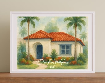 Custom Watercolor Home Portrait from Photo Digital Download First Home Gift Housewarming Gift Our First Home Printable Art