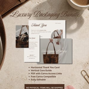 May include: A luxury packaging bundle template set featuring a horizontal thank you card, a vertical care guide, and a branded card. The cards display elegant typography, product imagery, and text including Luxury Packaging Bundle, Thank You, Care Guide, and Twentynine Luxury. The set includes Canva access links and is fully editable.