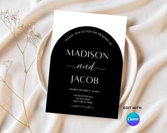 Elegant Wedding Invitation and Detail Card Set Modern Black and White Arch Design Printable Digital Download