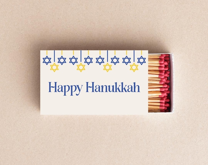 Featured listing image: Happy Hanukkah Matchboxes Personalized Jewish Holiday Favors, Menorah Candle Matches, Festival of Lights Party Décor