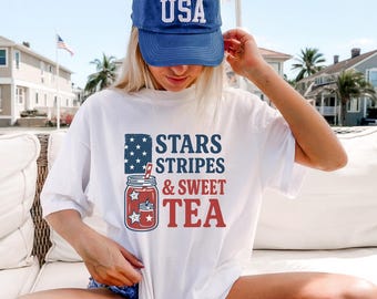 Stars, Stripes & Sweet Tea Comfort Colors T-Shirt Patriotic Summer Tee, 4th of July Shirt, USA Graphic Tee