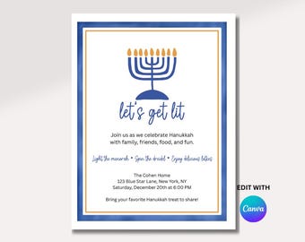 Let’s Get Lit Hanukkah Invitation Editable Canva Template Jewish Holiday Party Invite Festival of Lights Celebration