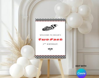 Two Fast Birthday Party Welcome Sign Editable Canva Template Race Car Themed Sign Digital Download 2nd Birthday Party Decor