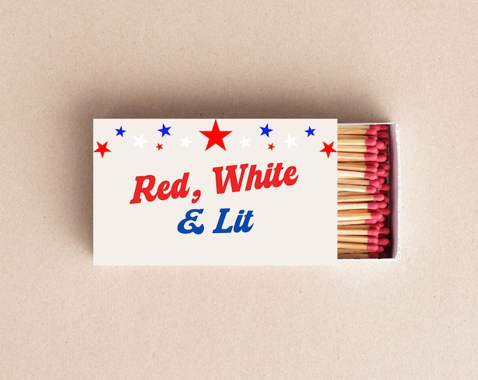 Featured listing image: Red White & Lit Matchbox Patriotic Party Favors, Fourth of July Matches, Memorial Day Decor, BBQ and Bonfire Accessories