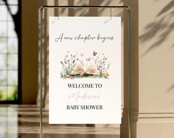 A New Chapter Begins Baby Shower Welcome Sign Custom Digital Download Pink & Brown Color Options Printable Baby Shower Decor