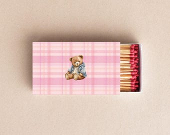 Plaid Teddy Bear Matchboxes Pink Baby Shower Favors, Girl Teddy Bear Theme, Personalized Matchbox Favors, Welcome Baby