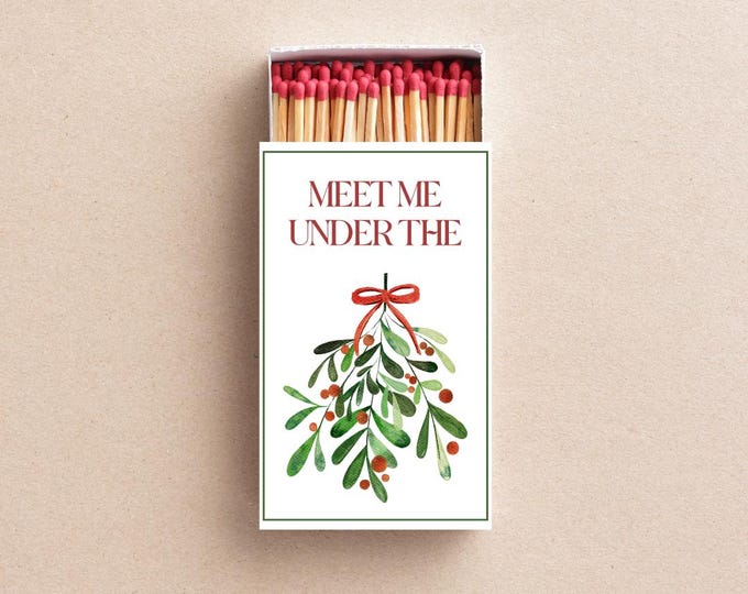Featured listing image: Meet Me Under the Mistletoe Matchboxes Christmas Party Favors, Holiday Wedding Favors, Winter Bridal Shower Matches, Festive Table Decor