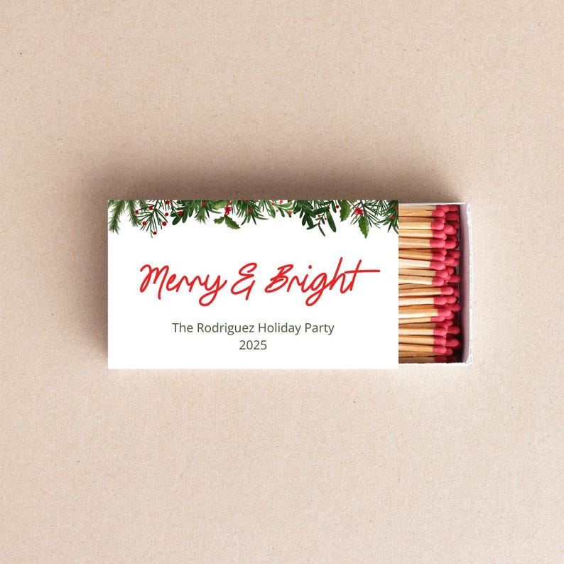 Custom Merry & Bright Christmas Matchboxes Personalized Holiday Party Favors Festive Match Box Decor Holiday Candle Matches