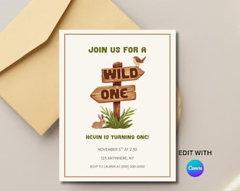 Wild One Birthday Invitation First Birthday Invite Editable Canva Template Woodland Theme Party Boy or Girl Birthday Invite