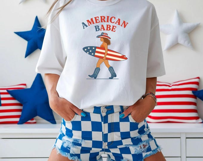 Featured listing image: American Babe Comfort Colors T-Shirt 4th of July Cowgirl Tee, Coastal Western Graphic Tee, Summer USA Shirt