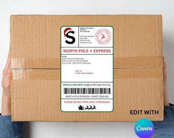 Printable North Pole Express Shipping Label Digital Download Santa Mail Sticker Editable Christmas Gift Label Template